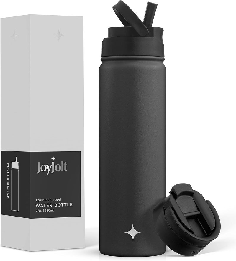 JoyJolt زجاجة ماء معزولة ثلاثية مع غطاء قشة وغطاء قابل للطي! زجاجة ماء سعة 22 أونصة، زجاجة ماء معزولة بالفيديو الساخن/البارد لمدة 12 ساعة. زجاجات ماء خالية من BPA وغير قابلة للتسرب - زجاجة حرارية - Image 1